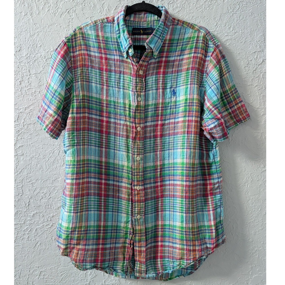 Ralph Lauren Shirt Mens Large Madras Plaid Short Sleeve Button Down Multi Color